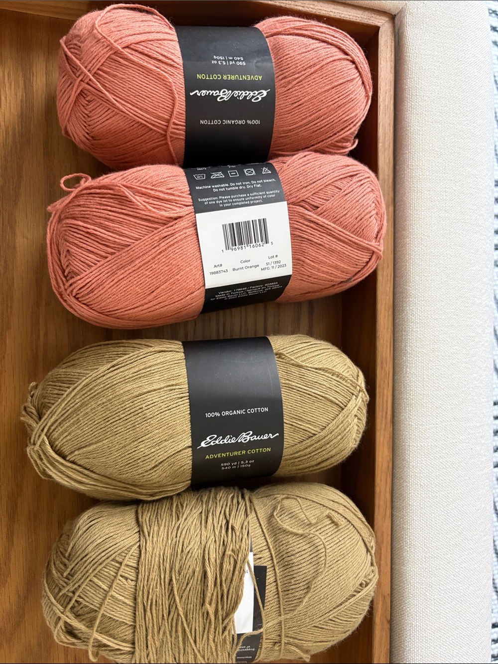 Eddie Bauer Cotton Yarn: Alaska gold,burnt orange, and KC:Red rose, soft ecru